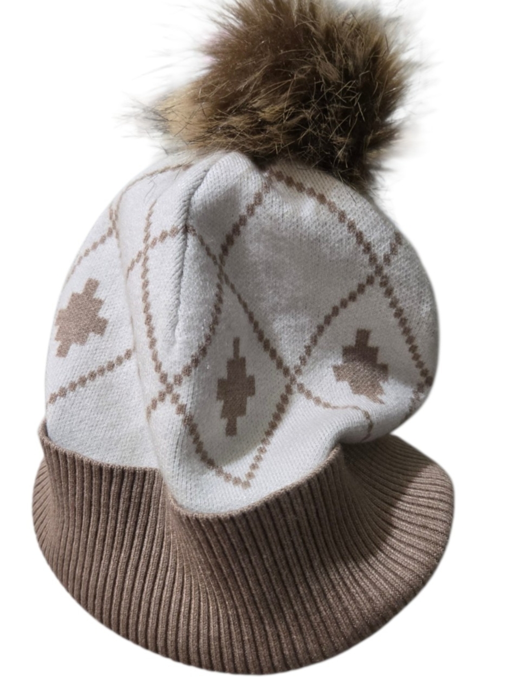 Rachel Zoe Argyle Knit Pom Pom Beanie Hat Ivory Taupe Faux Fur Winter Cap